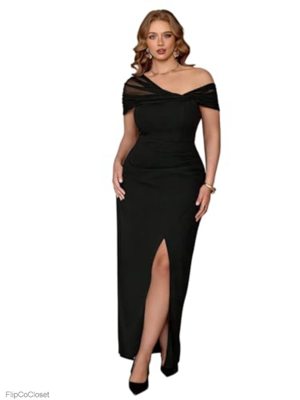 Plus Size Maxi Formal Dress Mesh Cold Shoulder Backless Wrap Ruched Slit